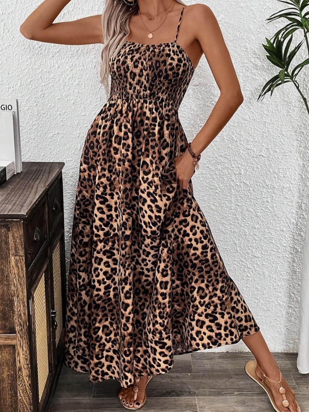 Smocked Leopard Print Maxi Dress - Spaghetti Strap Summer Dress